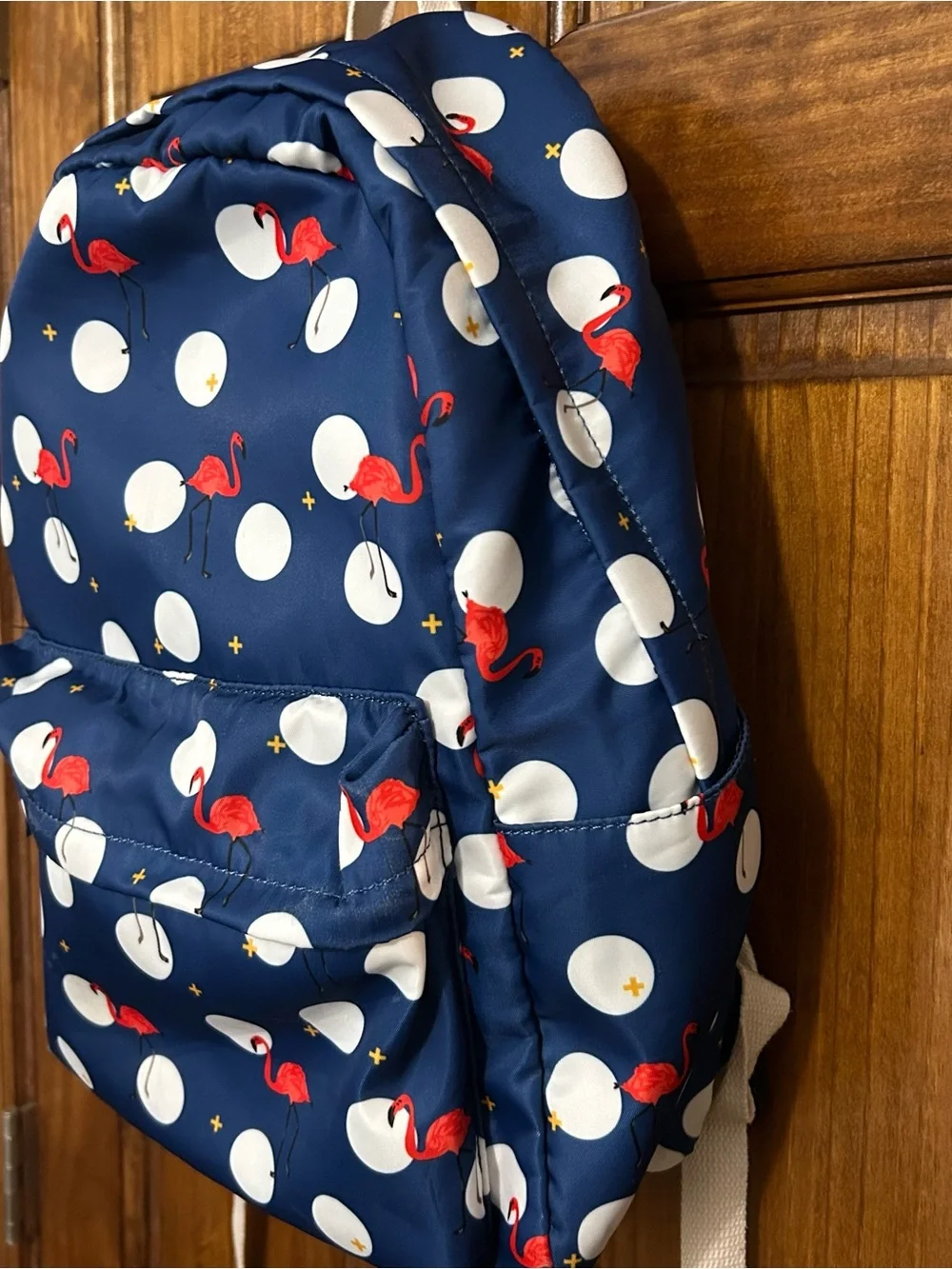 Navy Blue Backpack Polka Dots Flamingo Book Bag 16” Multi Compartment